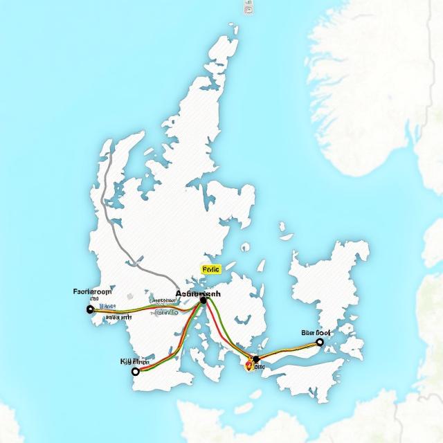 Et kort der viser optimerede kørselsruter i Danmark